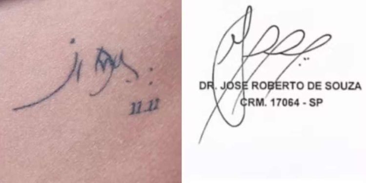 Tatuagem mostra assinatura do pai de Aline Garcia, o médico José Roberto de Souza.