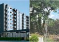 O projeto do Patio Nattu (à esq.) , na Caxangá,  ao lado da foto da área de Mata Atlântica em destruição (à dir.)