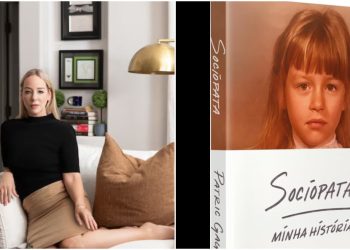 Escritora Patric Gagne (à esq.) e seu livro Sociopata- minha história (à dir.)