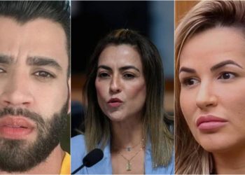 Cantor Gusttavo Lima (à dir.); relatora da CPI das apostas, Soraya Thronicke (centro); Influenciadora Deolane Bezerra (à dir.);