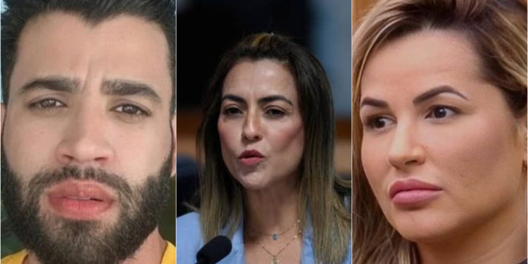 Cantor Gusttavo Lima (à dir.); relatora da CPI das apostas, Soraya Thronicke (centro); Influenciadora Deolane Bezerra (à dir.);