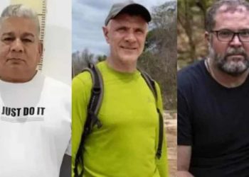 Da esquerda para direita, o 'Colômbia', o jornalista britânico Dom Phillips e o indigenista Bruno Pereira