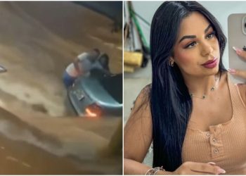 A influenciadora Jhei Soares (à dir.) foi filmada sendo arrastada pela correnteza