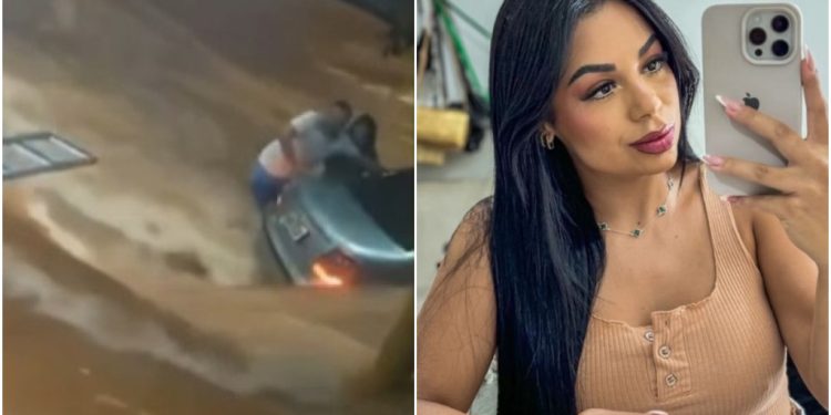 A influenciadora Jhei Soares (à dir.) foi filmada sendo arrastada pela correnteza
