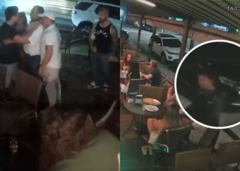 Vídeo registrou momento da briga (esq.) e assassino voltando para matar DJ (dir.)