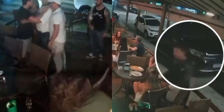 Vídeo registrou momento da briga (esq.) e assassino voltando para matar DJ (dir.)