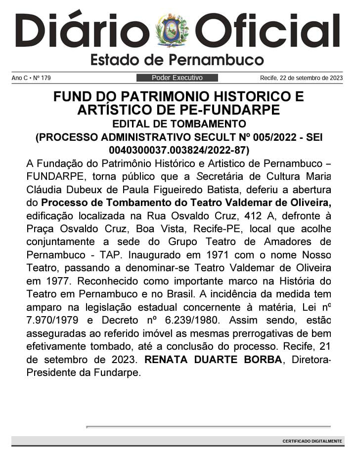 Diário Oficial do Estado de Pernambuco sobre o processo de tombamento do Teatro Valdemar de Oliveira