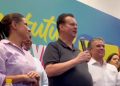 Raquel Lyra, Gilberto Kassab e André de Paula, em evento no Novotel Recife Marina