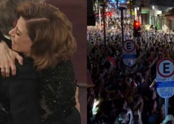 Walter Salles e Fernanda Torres se cumprimentam após anúncio de 'Ainda estou aqui' como melhor filme internacional do Oscar 2025