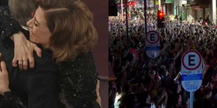 Walter Salles e Fernanda Torres se cumprimentam após anúncio de 'Ainda estou aqui' como melhor filme internacional do Oscar 2025