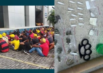 Foram apreendidas drogas, uma soqueira e dois rojões.