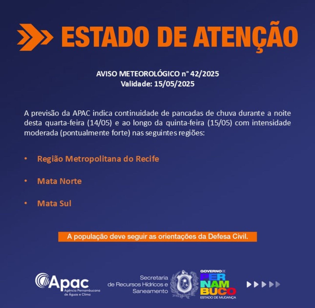O alerta foi emitido pela Agência Pernambucana de Águas e Clima (APAC)