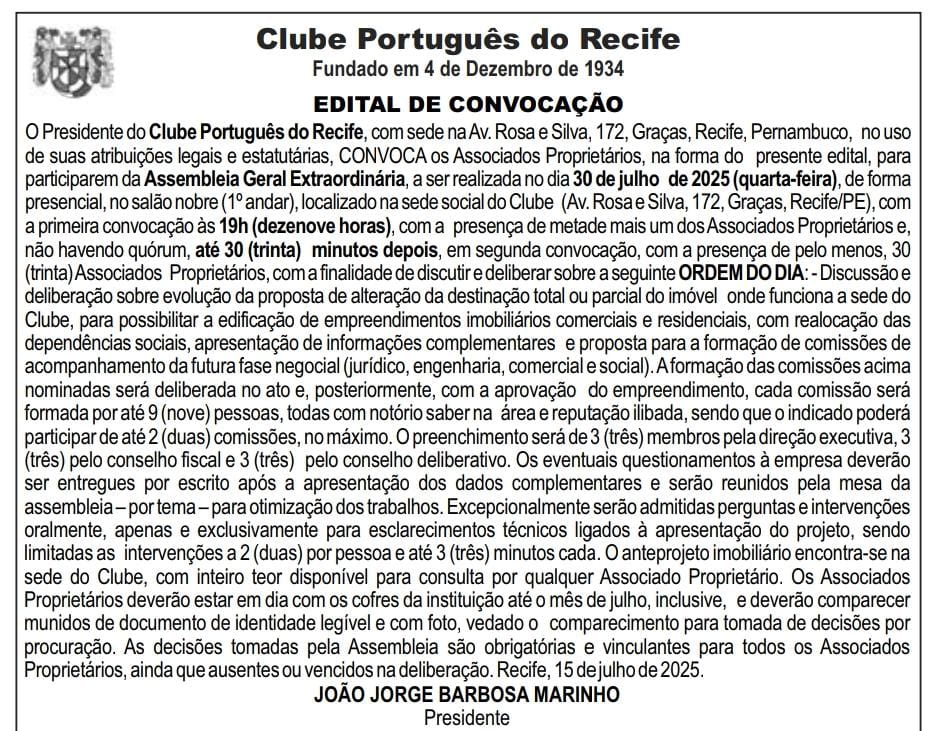 Edital de convocação para assembleia do Clube Português