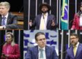 Do canto superior da esq para dir. Deputados Van Hattem, Zé Trovão, Camila Jara, Julia Zanatta - o presidente da Câmara Hugo Motta; e Marcos Pollon