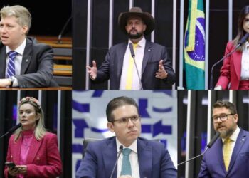 Do canto superior da esq para dir. Deputados Van Hattem, Zé Trovão, Camila Jara, Julia Zanatta - o presidente da Câmara Hugo Motta; e Marcos Pollon