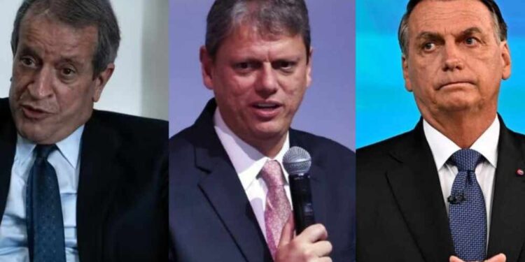 Da esquerda para direita, Valdemar Costa Neto (PL), Tarcísio de Freitas (Republicanos) e Jair Bolsonaro (PL)