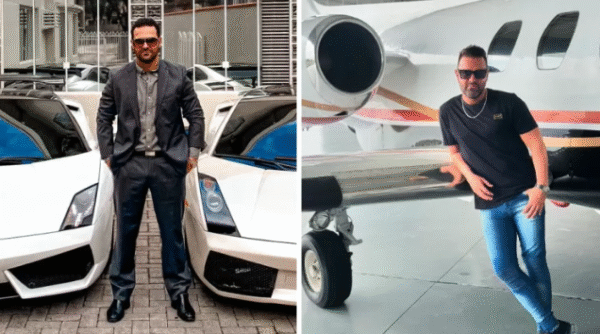 Luciano Fracaro, do grupo Suda, em frente aos seus automóveis Lamborghini e a seu avião particular
Foto: Reprodução/Redes sociais