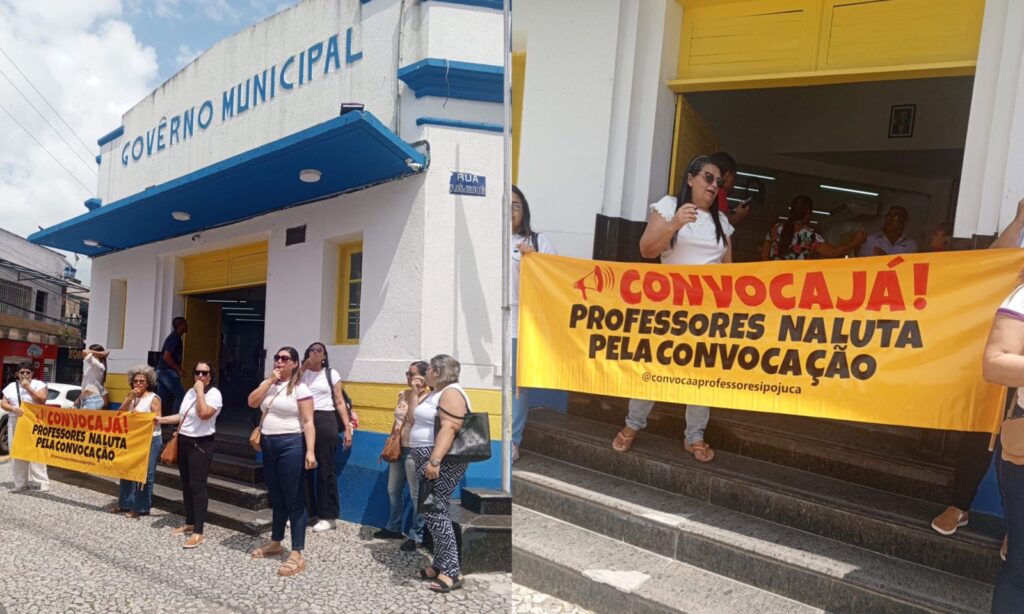Professores aprovados em concurso público realizam protesto em frente à Prefeitura