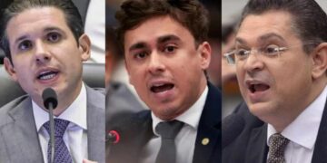 O presidente da Casa, Hugo Motta (Republicanos-PB), e os deputados Nikolas Ferreira e Sóstenes Cavalcante do PL