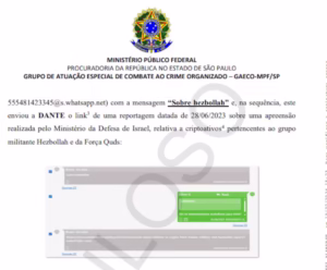 Mensagem apreendida pela PF no celular de Dante Felipini no qual o acusado conversava sobre seus contatos com o Hezbollah Foto: Reprodução / Polícia Federal