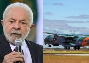 O presidente Lula e a aeronave da FAB, modelo Amazonas C105.