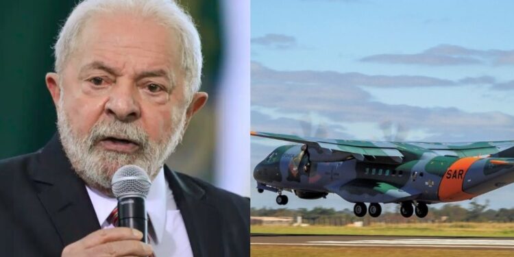 O presidente Lula e a aeronave da FAB, modelo Amazonas C105.