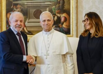 O presidente Lula, o Papa Leão IV e a primeira-dama Janja da Silva. Foto: Ricardo Stuckert