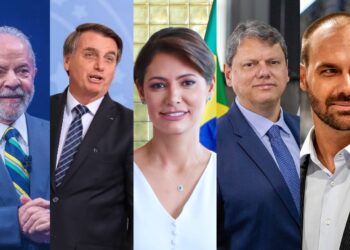 Lula (PT), Jair Bolsonaro (PL), Michelle (PL), Tarcísio (PR) e Eduardo (PL).