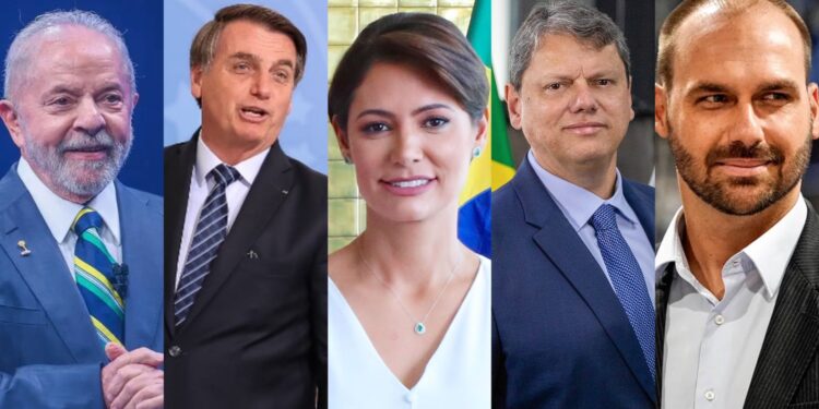 Lula (PT), Jair Bolsonaro (PL), Michelle (PL), Tarcísio (PR) e Eduardo (PL).