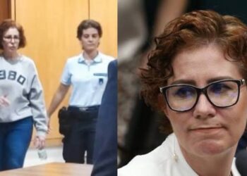 Carla Zambelli (PL-SP) na chegada ao Tribunal para audiência. (à direita) uma foto da deputada.