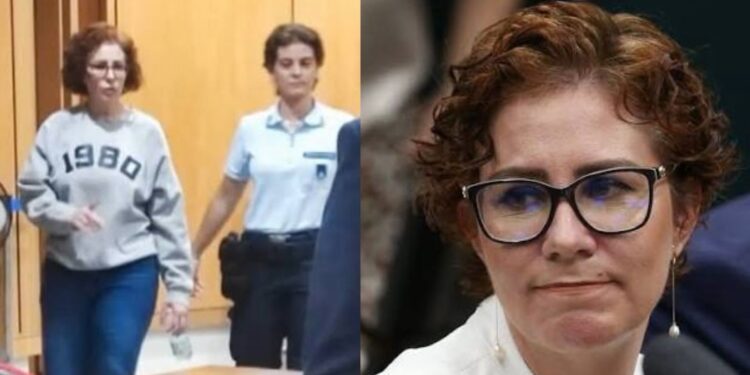 Carla Zambelli (PL-SP) na chegada ao Tribunal para audiência. (à direita) uma foto da deputada.