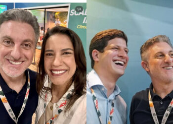 A governadora Raquel Lyra (PSD) e o prefeito João Campos (PSB) com o apresentador Luciano Huck