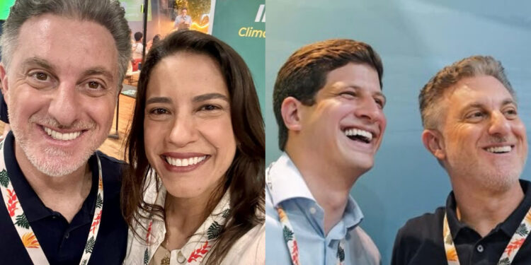 A governadora Raquel Lyra (PSD) e o prefeito João Campos (PSB) com o apresentador Luciano Huck