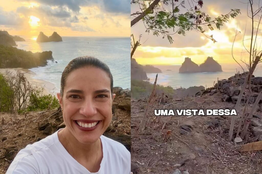 Depois de inauguração, Raquel contempla pôr do sol em Noronha. “Trabalhar assim é muito bom”