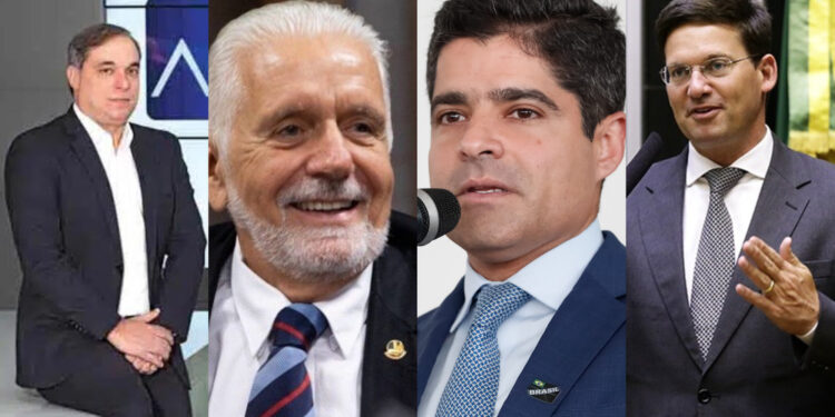 Augusto Lima, ex-sócio do Banco Master; Jacques Wagner, senador; Antônio Carlos Magalhães Neto (União Brasil); João Roma (PL) (esq. p/ dir.)
