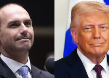 Deputado Eduardo Bolsonaro (PL) e Presidente dos EUA, Donald Trump (esq. p/ dir.)