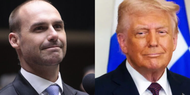 Deputado Eduardo Bolsonaro (PL) e Presidente dos EUA, Donald Trump (esq. p/ dir.)