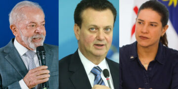 Presidente Lula (PT), Gilberto Kassab (PSD) e Raquel Lyra (PSD) (esq. p/ dir.)