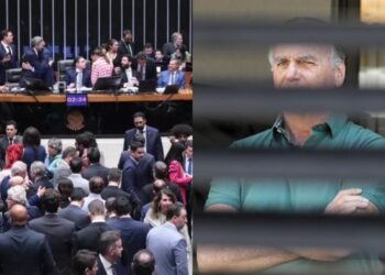 Câmara dos Deputados durante sessão plenária e o  ex-presidente Jair Bolsonaro