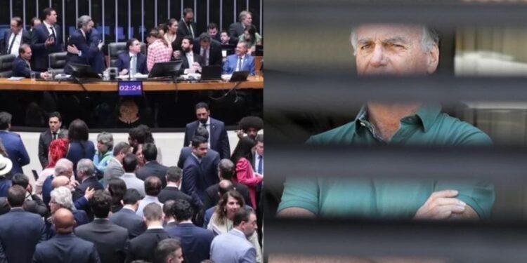 Câmara dos Deputados durante sessão plenária e o  ex-presidente Jair Bolsonaro