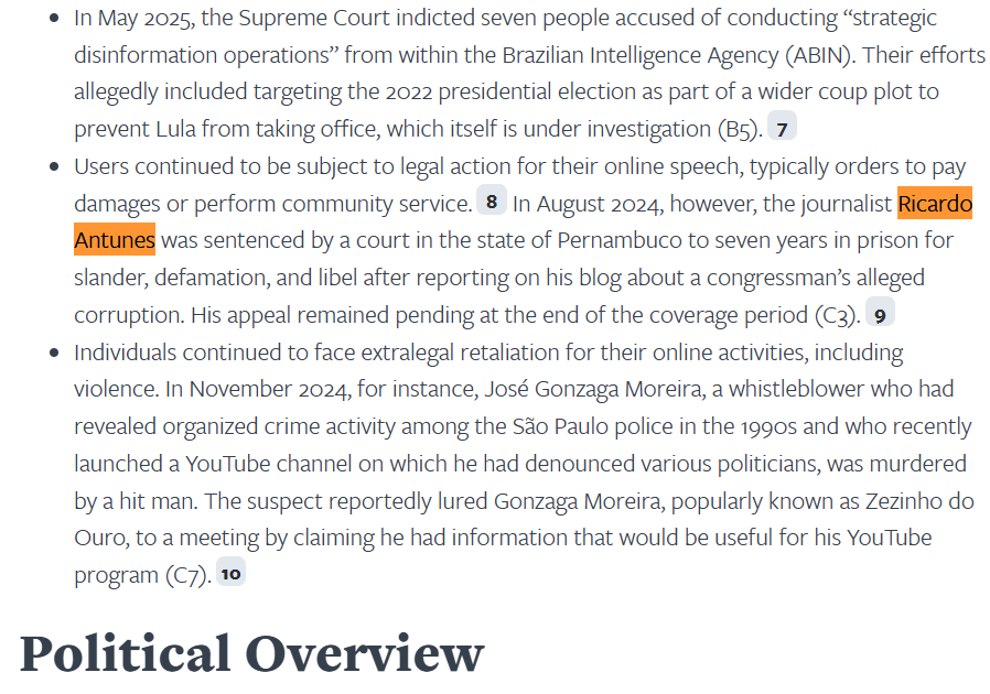 Citação ao jornalista Ricardo Antunes no artigo da Freedom House
