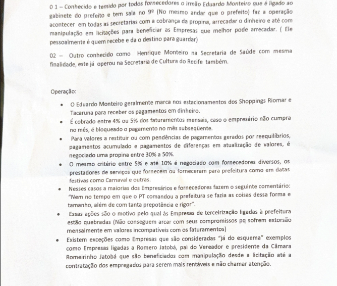 Denúncia aponta esquema de propinas em contratos da Prefeitura do Recife