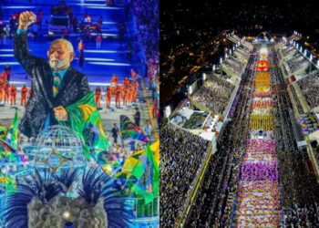 O último carro alegórico da Acadêmicos de Niterói, com uma estátua gigante de Lula