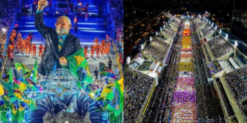 O último carro alegórico da Acadêmicos de Niterói, com uma estátua gigante de Lula