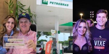 Lara Secchi Coelho, ao lado do pai Gilberto Secchi, e do ex-prefeito Miguel Coelho (UB)