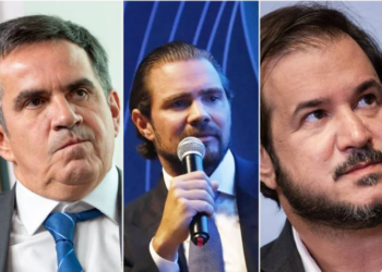 O senador Ciro Nogueira (PP), o banqueiro Daniel Vorcaro, e o presidente do União Brasil, Antônio Rueda.