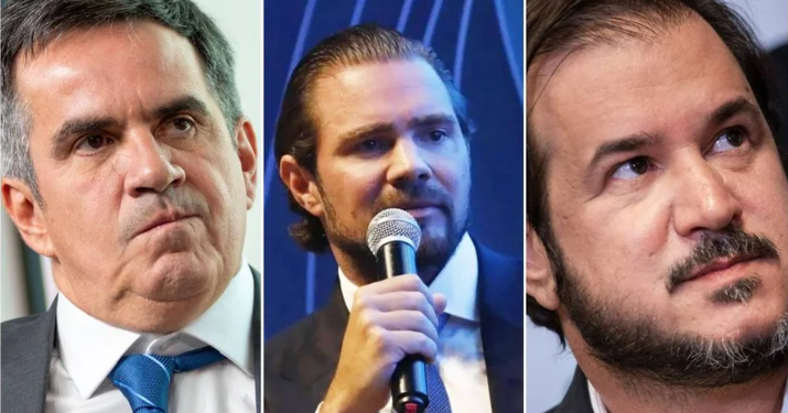 O senador Ciro Nogueira (PP), o banqueiro Daniel Vorcaro, e o presidente do União Brasil, Antônio Rueda.