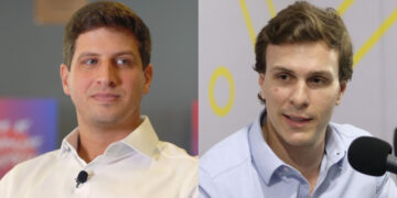 Prefeito João Campos (PSB) e o ex-prefeito de Petrolina, Miguel Coelho (União Brasil) (esq. p/ dir.)