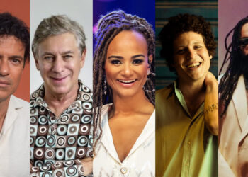 Entre eles são: Jorge Vercillo, Flávio Venturini, Luciana Mello, Chico Chico e Rael (esq. p/ dir.)