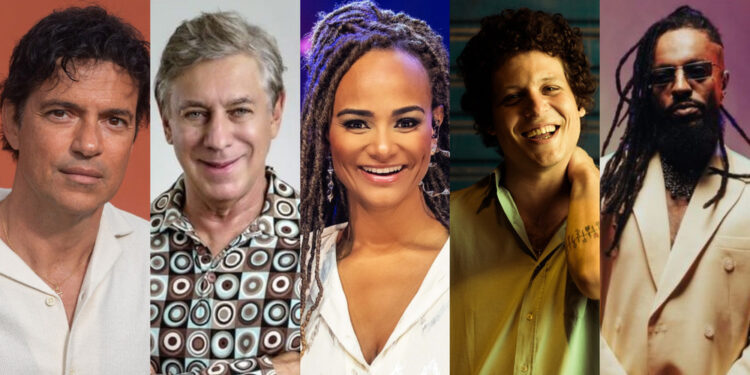 Entre eles são: Jorge Vercillo, Flávio Venturini, Luciana Mello, Chico Chico e Rael (esq. p/ dir.)